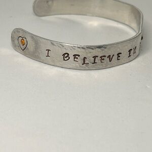 Unique Handcrafted Silver Cuff Bracelet  “I BELIEVE IN LOVE AT FIRST SIGHT “